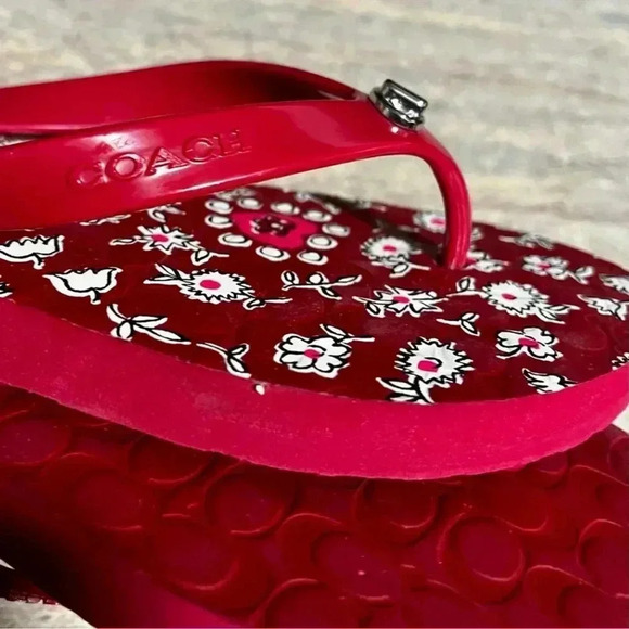 Coach red floral flips flops. Size 9-10 Silver embellishment on strap. - Picture 3 of 9